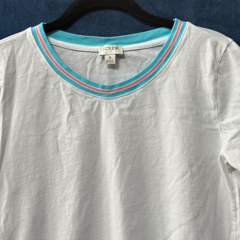 J Crew Striped Ringer Tee‎ Womens Size S White Blue Pink Preppy Classic - Picture 2 of 8
